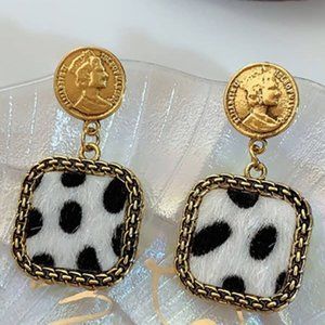 Fashion Coin Leopard Print Square Drop Earrings. C